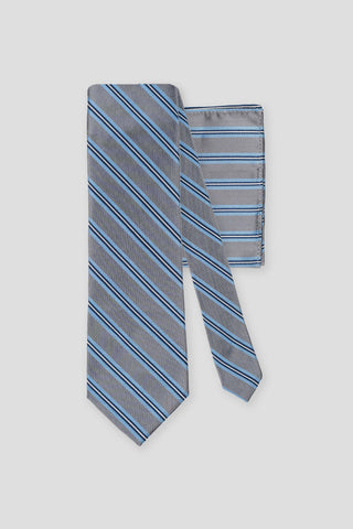 Slips & lommekluds pakke (Grå & blå stribet i silke) suitclub.dk