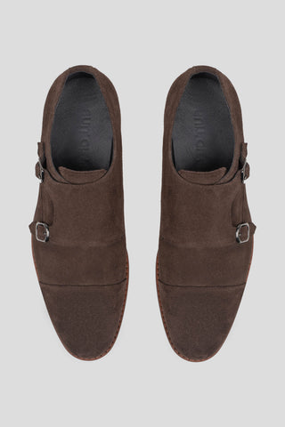 Brune dobbelt monk strap sko i ruskind Ahler